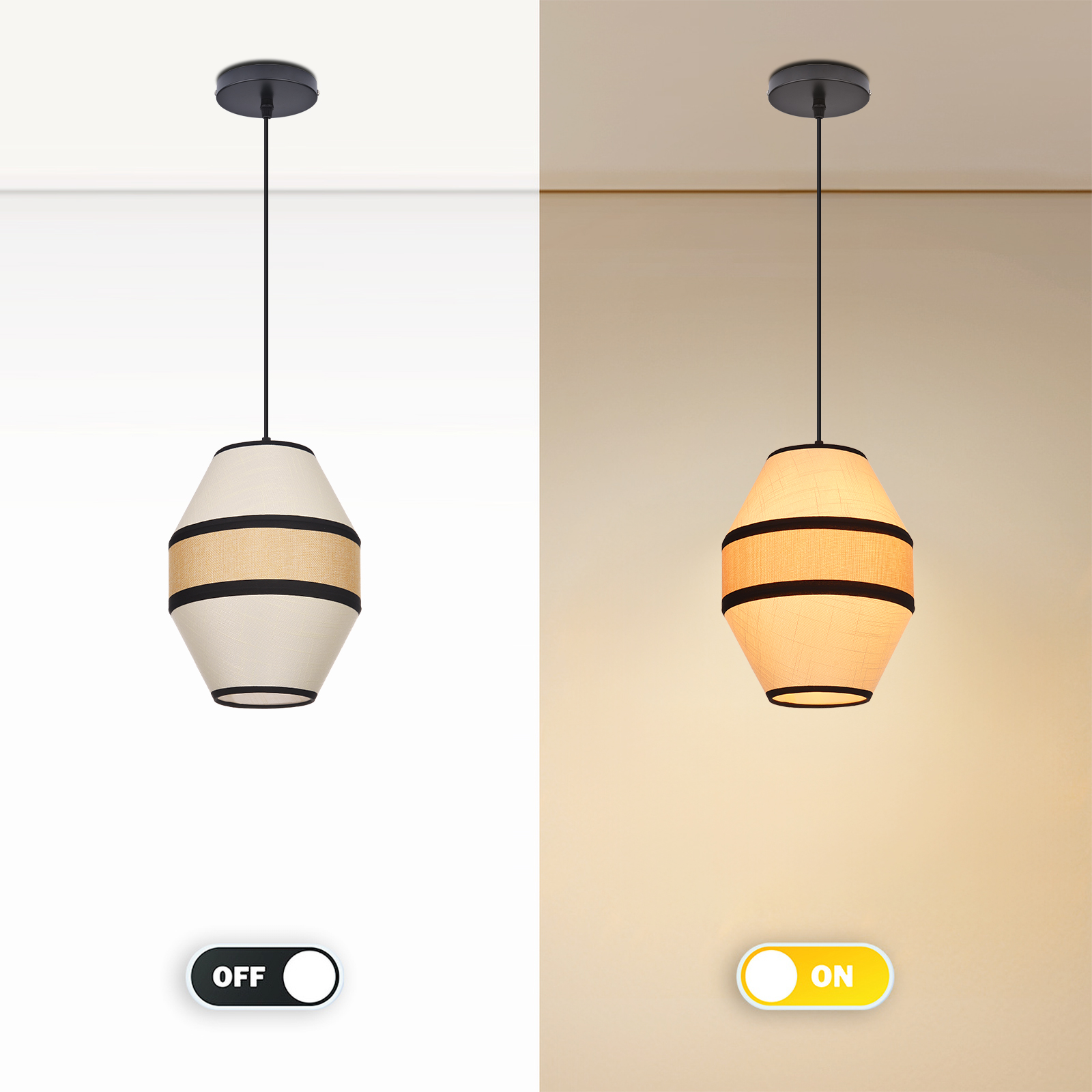 Japandi Linen Pendant Light - Modern Woven Rattan Drum Chandelier