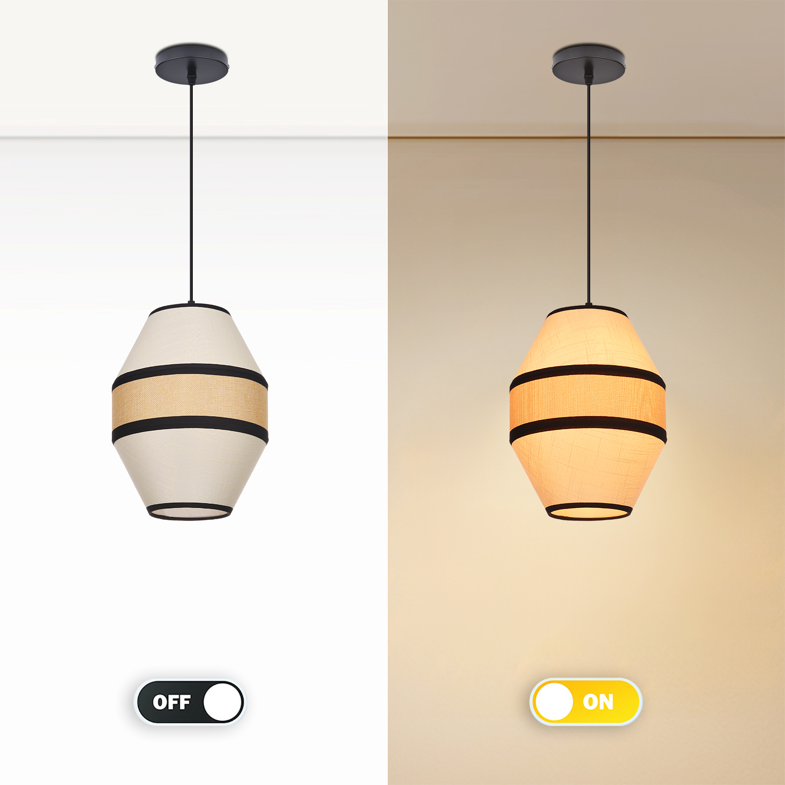 Japandi Linen Pendant Light - Modern Woven Rattan Drum Chandelier