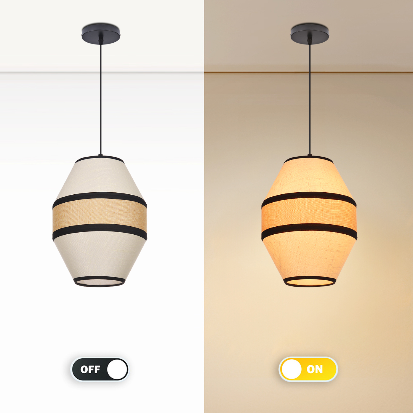 Japandi Linen Pendant Light - Modern Woven Rattan Drum Chandelier