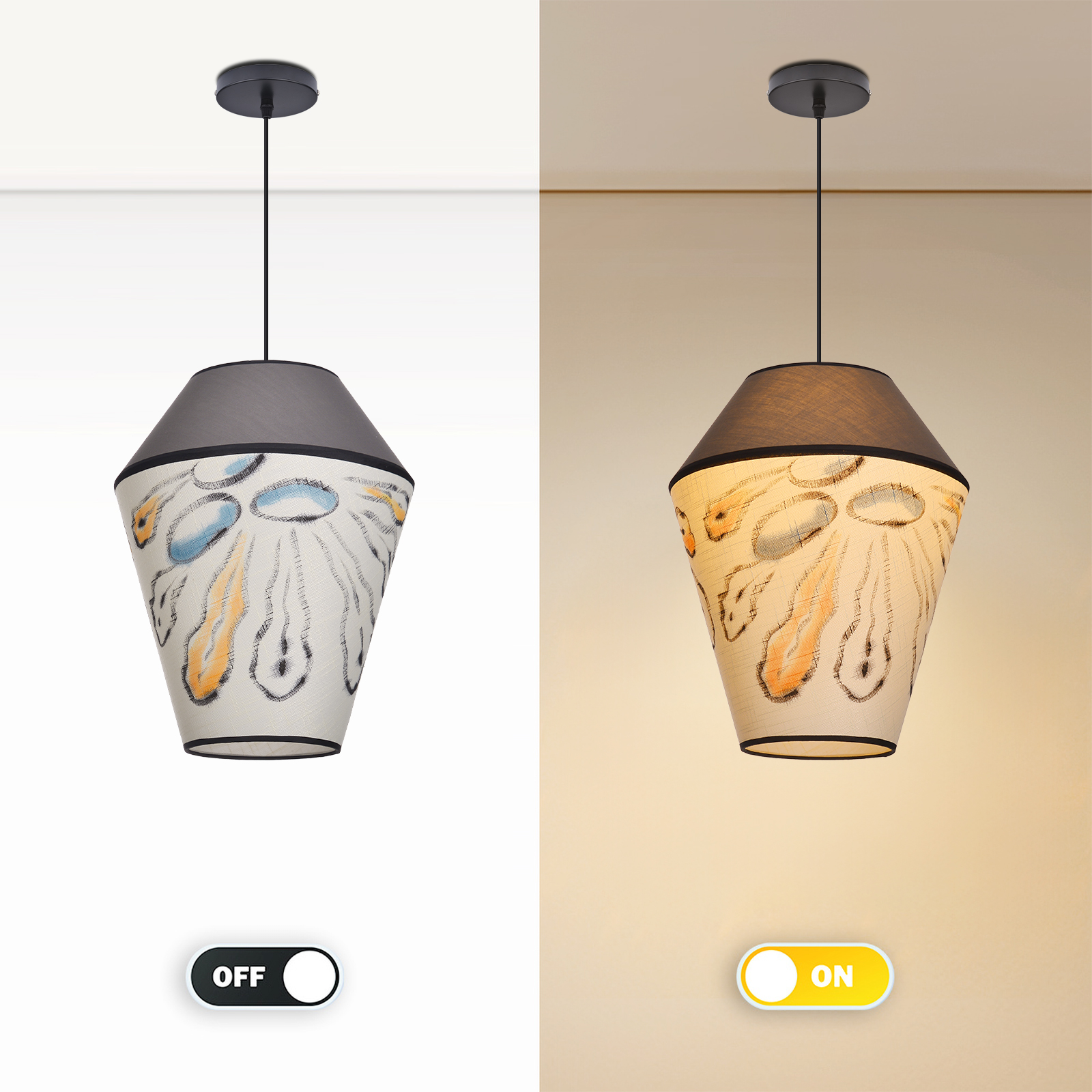 Modern Organic Two-Tone Fabric Pendant Light – Printed & Solid Shade