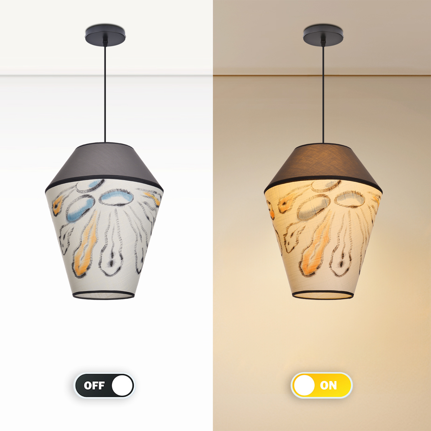 Modern Organic Two-Tone Fabric Pendant Light – Printed & Solid Shade