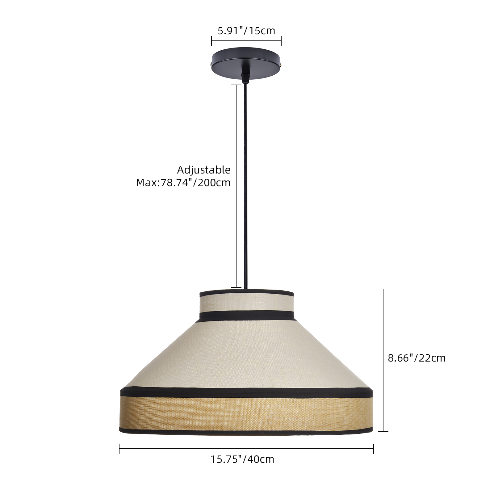 Modern Organic Linen Pendant Light with Black Trim | Fabric Hanging Shade Light