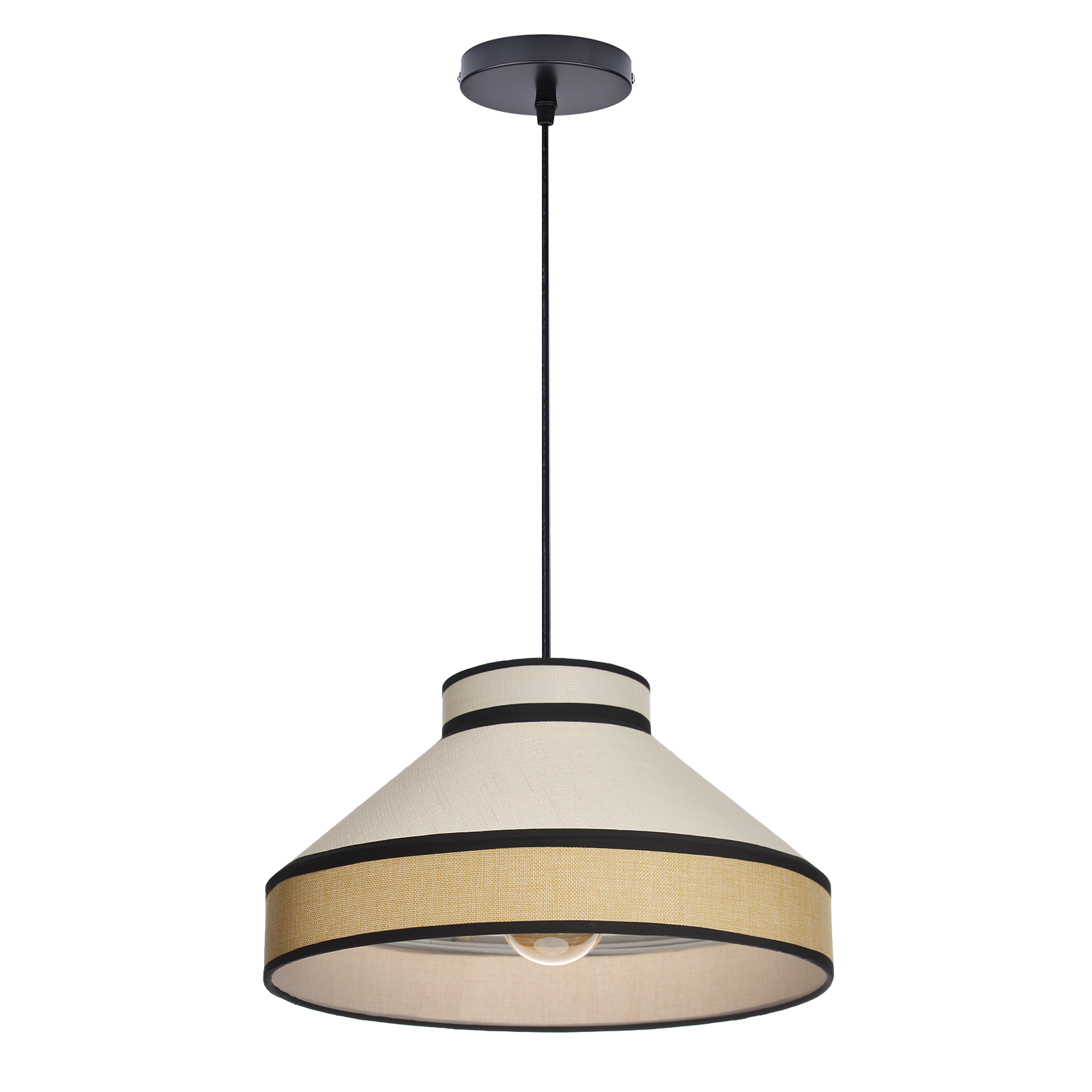 Modern Organic Linen Pendant Light with Black Trim | Fabric Hanging Shade Light