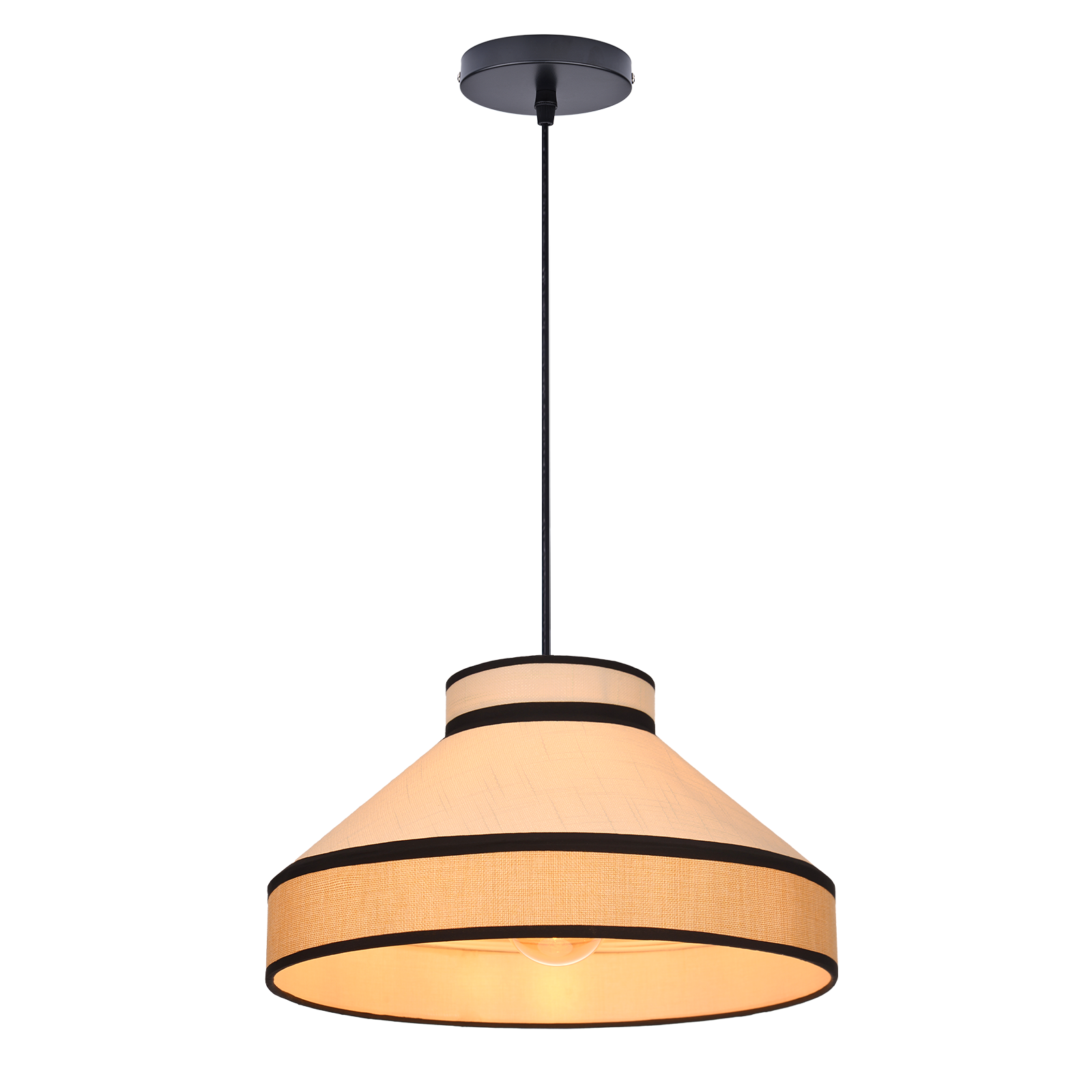 Modern Organic Linen Pendant Light with Black Trim | Fabric Hanging Shade Light