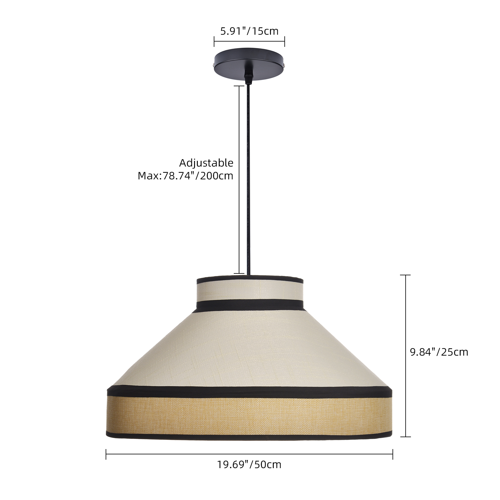 Modern Organic Linen Pendant Light with Black Trim | Fabric Hanging Shade Light