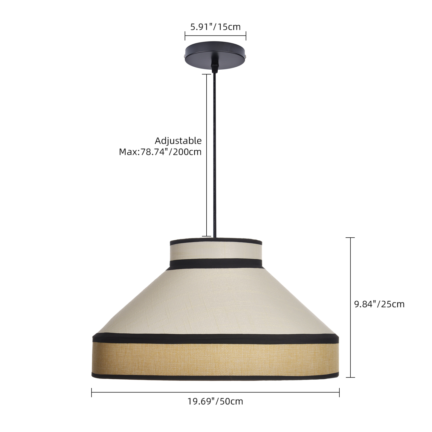Modern Organic Linen Pendant Light with Black Trim | Fabric Hanging Shade Light