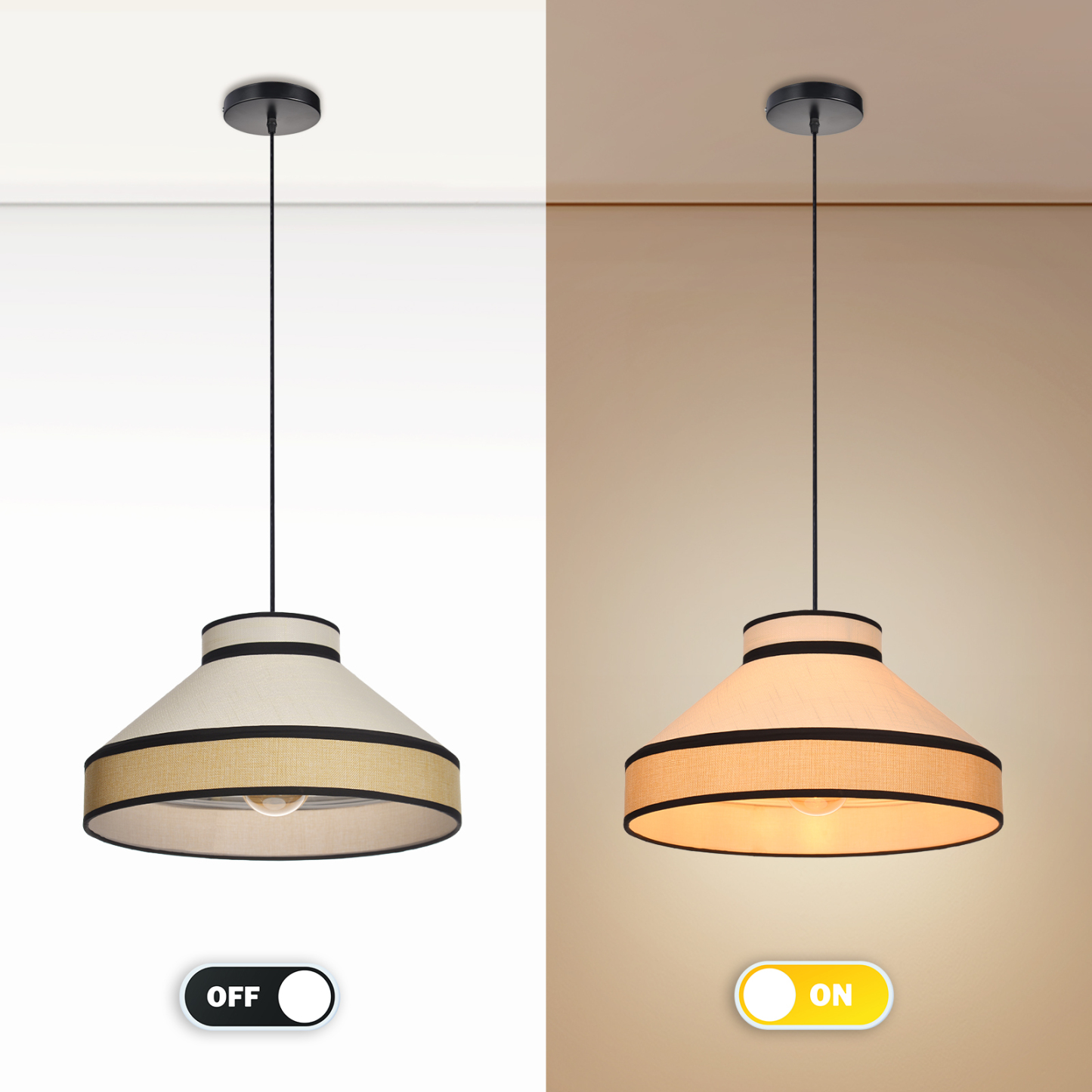 Modern Organic Linen Pendant Light with Black Trim | Fabric Hanging Shade Light