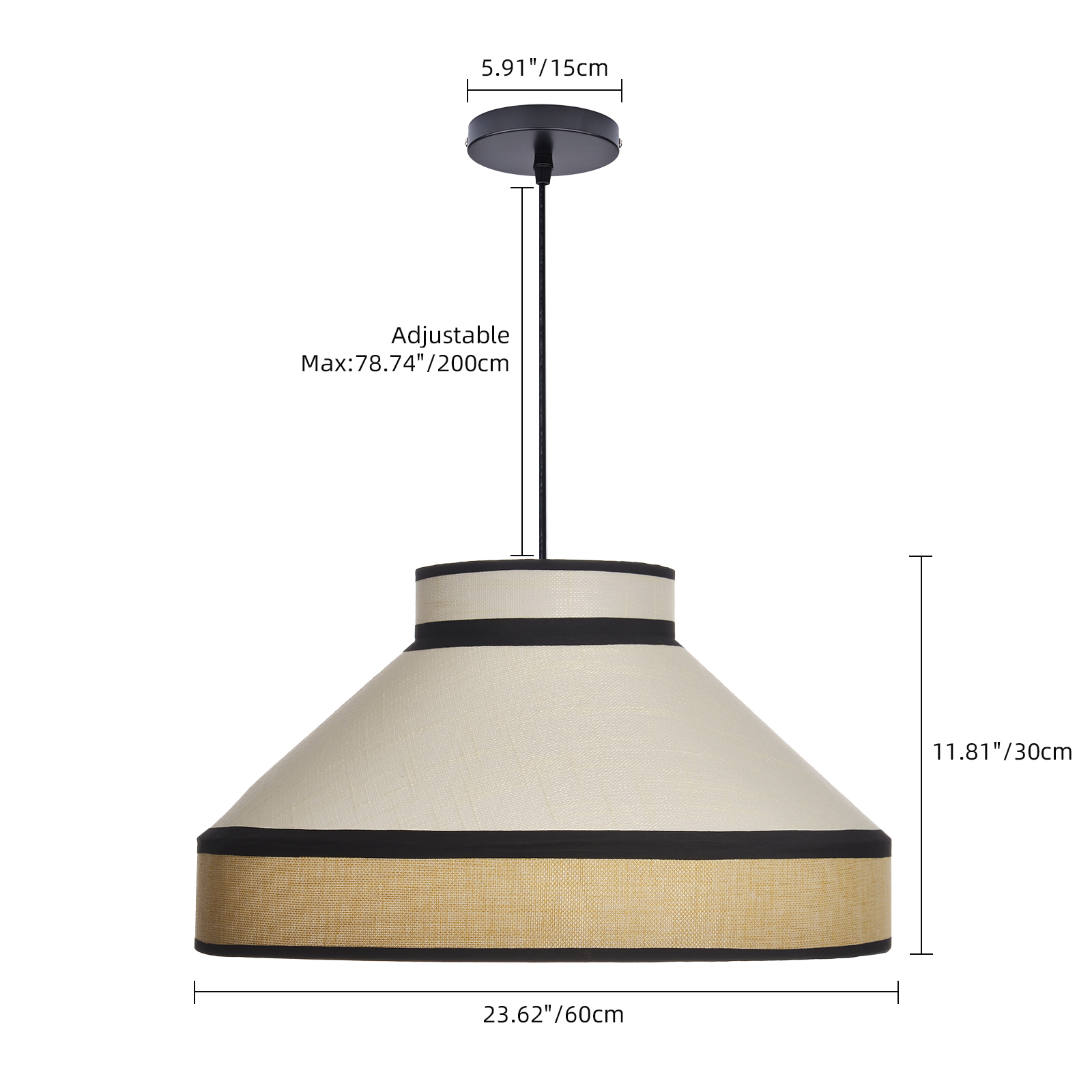 Modern Organic Linen Pendant Light with Black Trim | Fabric Hanging Shade Light