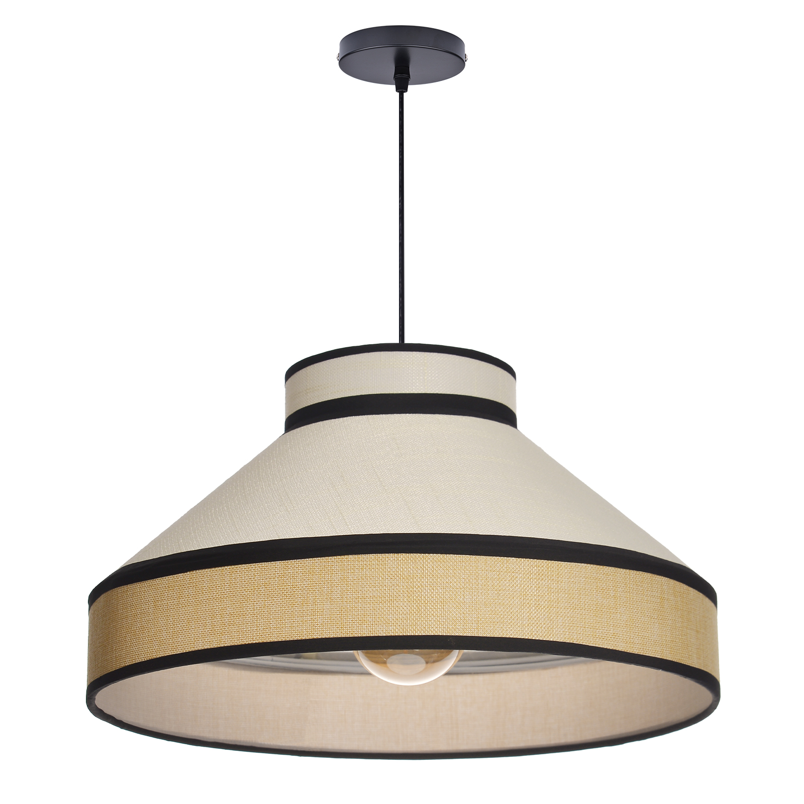 Modern Organic Linen Pendant Light with Black Trim | Fabric Hanging Shade Light