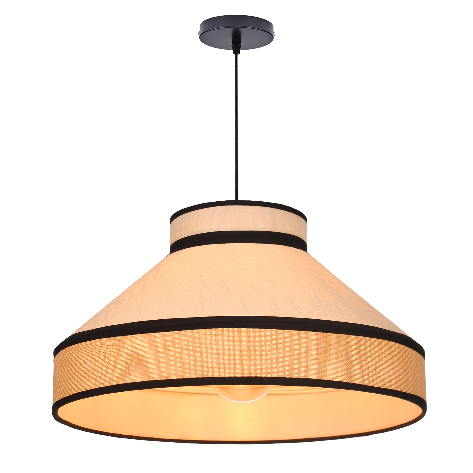 Modern Organic Linen Pendant Light with Black Trim | Fabric Hanging Shade Light