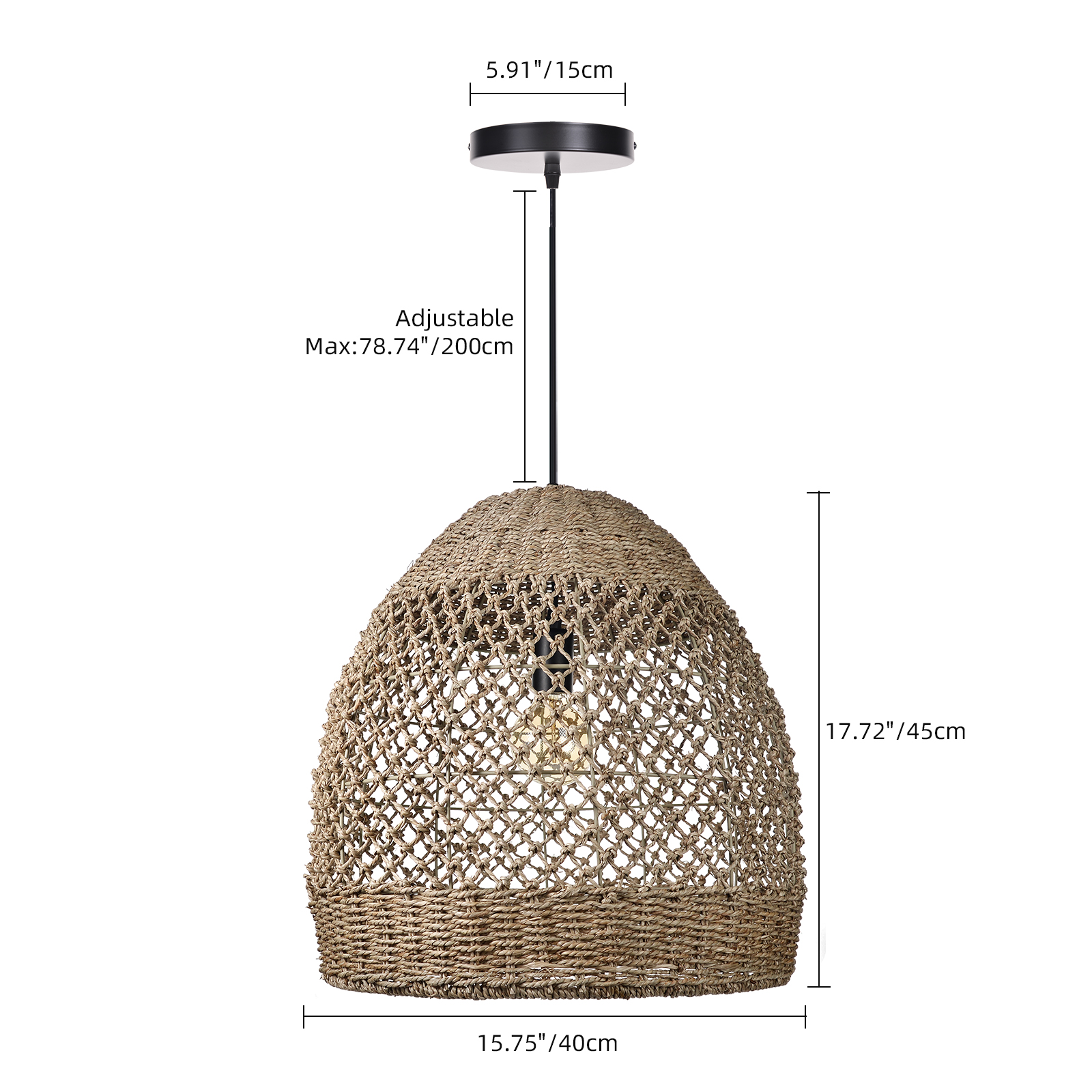 Farmhouse Coastal Boho Hanging Lamp with Handwoven Rattan Woven Pendant Light 