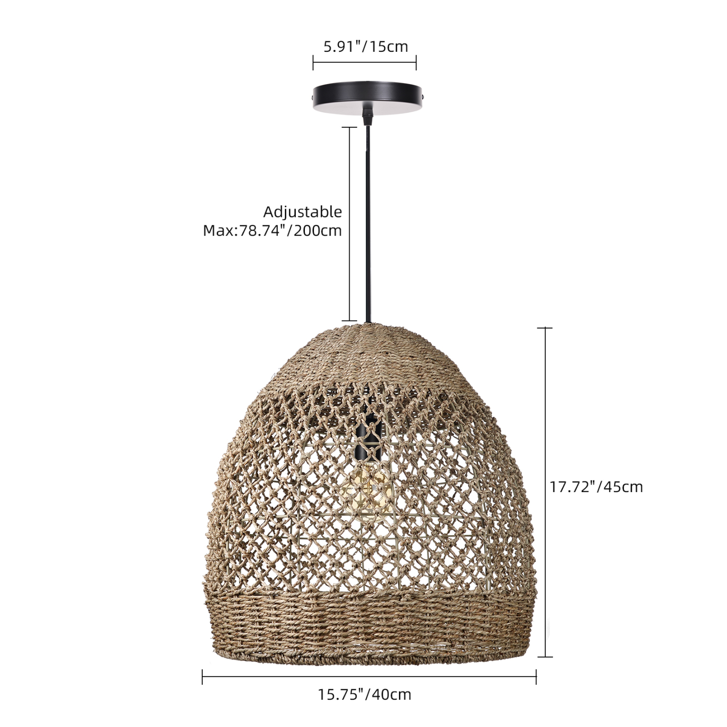 Farmhouse Coastal Boho Hanging Lamp with Handwoven Rattan Woven Pendant Light 
