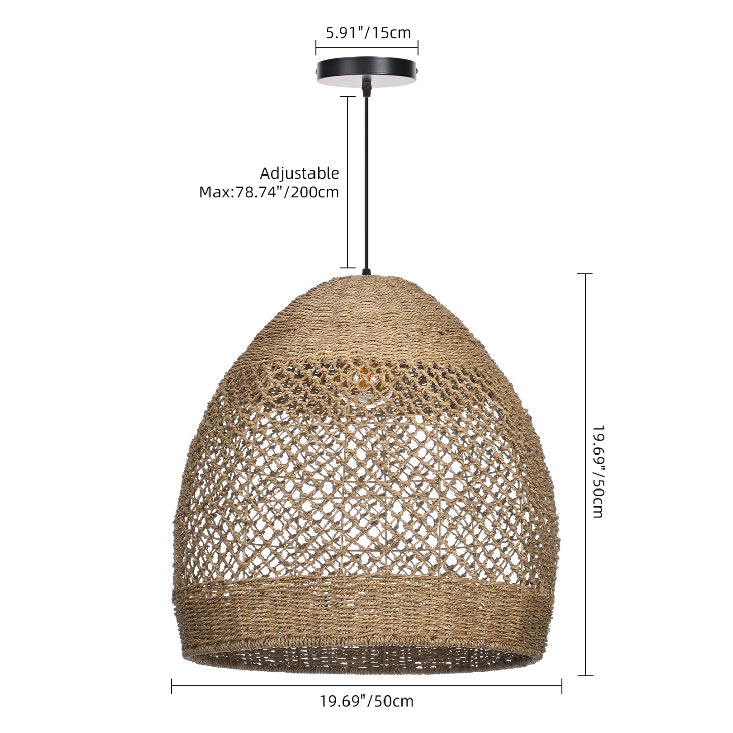 Farmhouse Coastal Boho Hanging Lamp with Handwoven Rattan Woven Pendant Light 