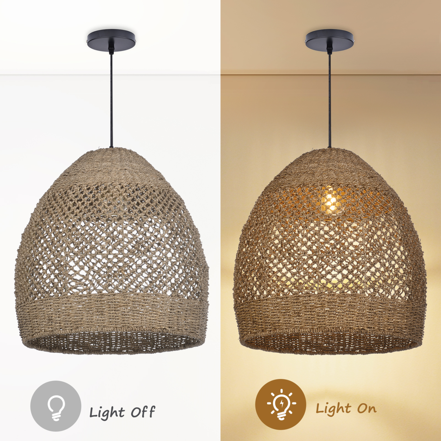 Farmhouse Coastal Boho Hanging Lamp with Handwoven Rattan Woven Pendant Light 