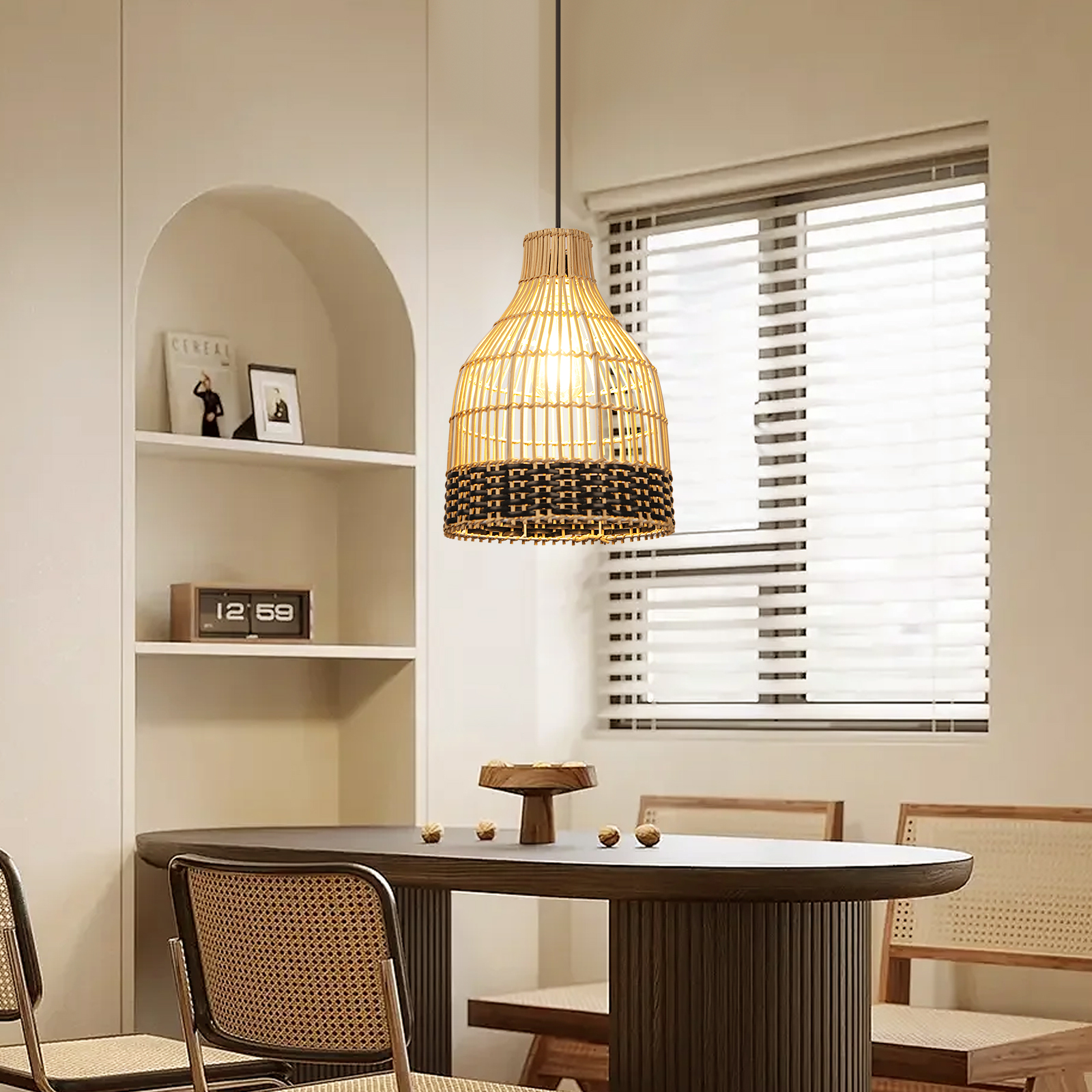 Black Rattan Woven Pendant Lampshade Hanging Light Fixture-labpiecesign