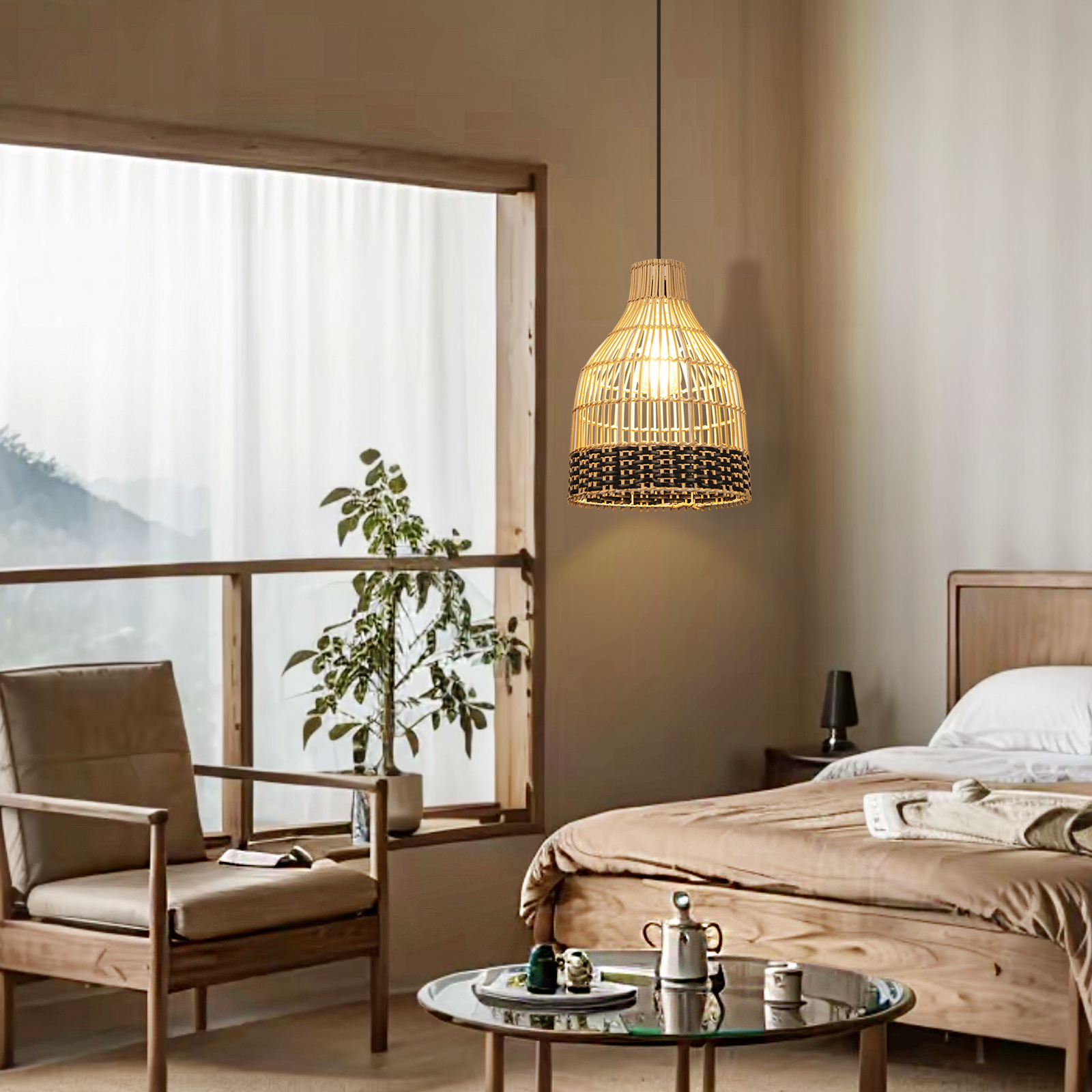 Black Rattan Woven Pendant Lampshade Hanging Light Fixture-labpiecesign