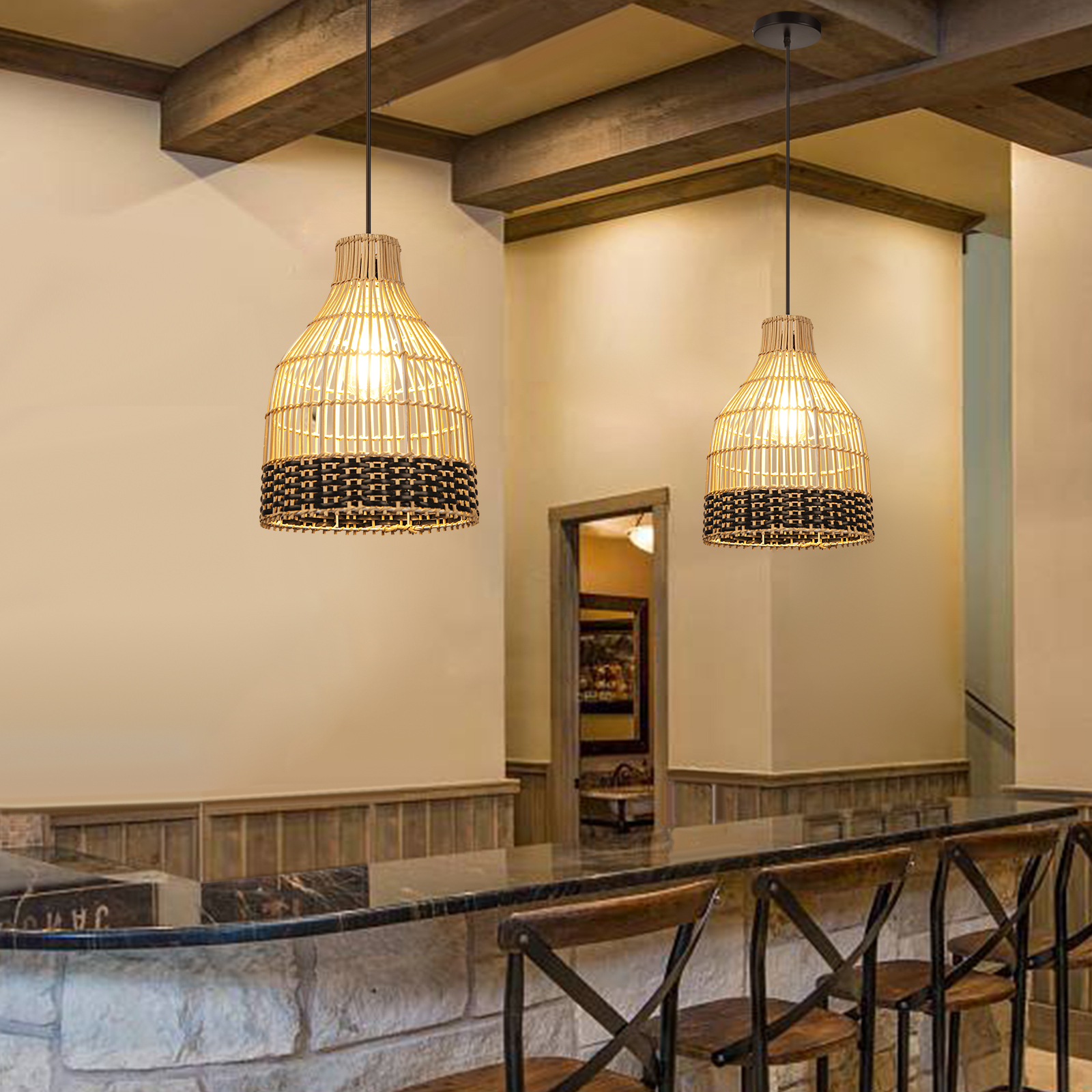 Black Rattan Woven Pendant Lampshade Hanging Light Fixture-labpiecesign