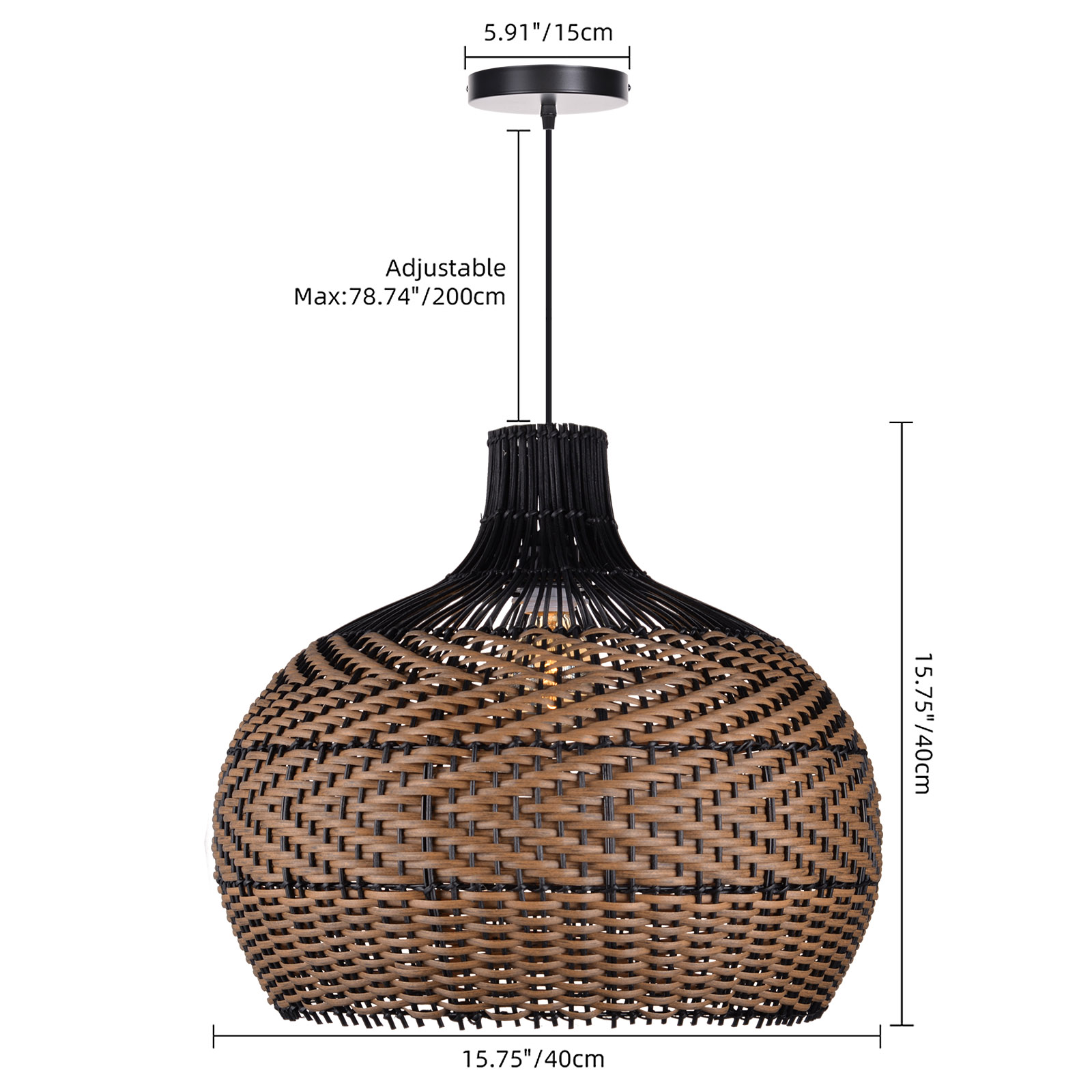 Handcrafted Black Brown Striped Rattan Pendant Light Shade for Dining Room