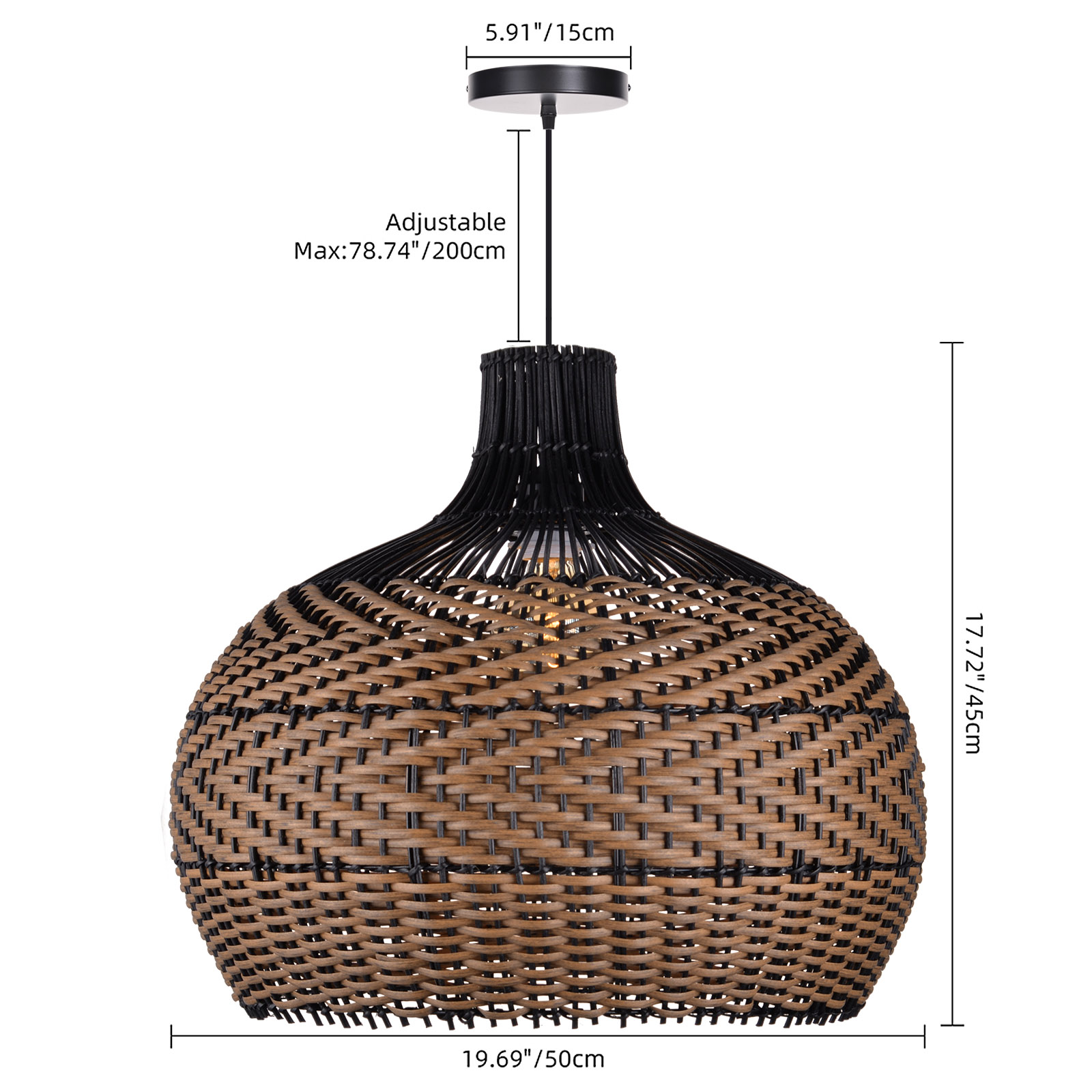 Handcrafted Black Brown Striped Rattan Pendant Light Shade for Dining Room