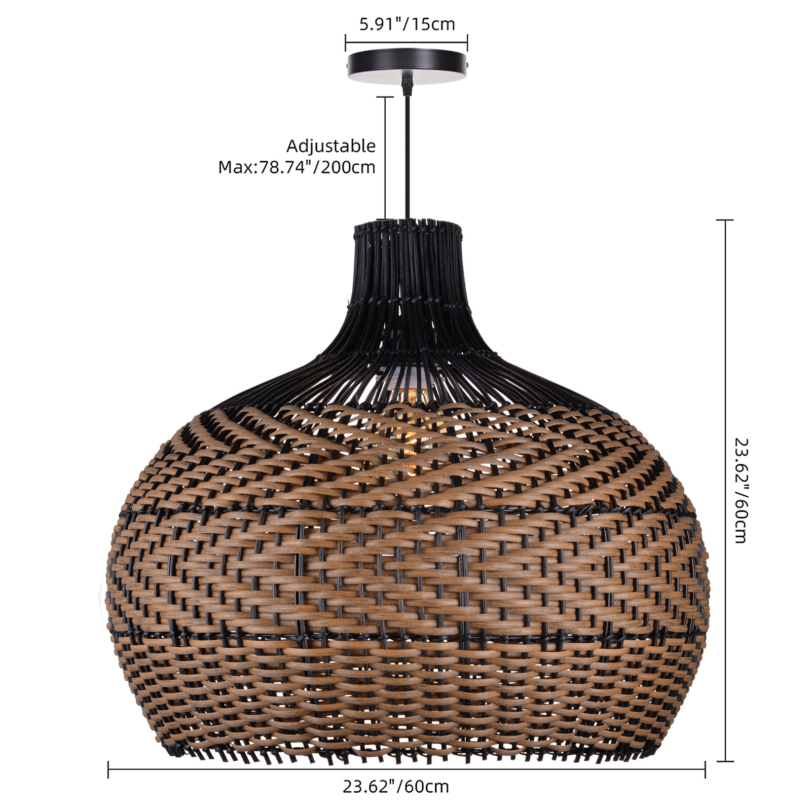 Handcrafted Black Brown Striped Rattan Pendant Light Shade for Dining Room