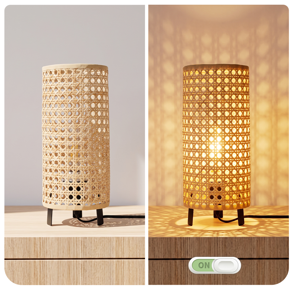 Woven Rattan Table Lamp with Black Metal Base for Bedroom and Living Room
