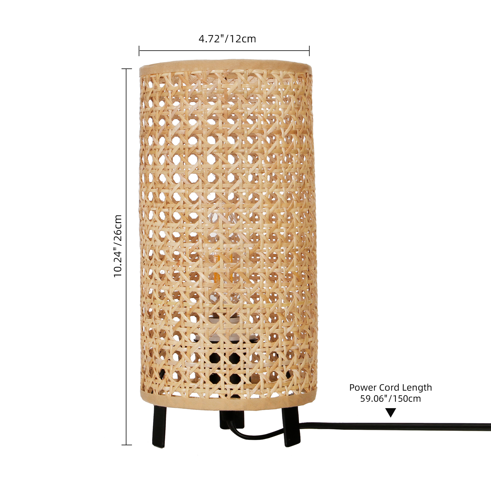 Woven Rattan Table Lamp with Black Metal Base for Bedroom and Living Room