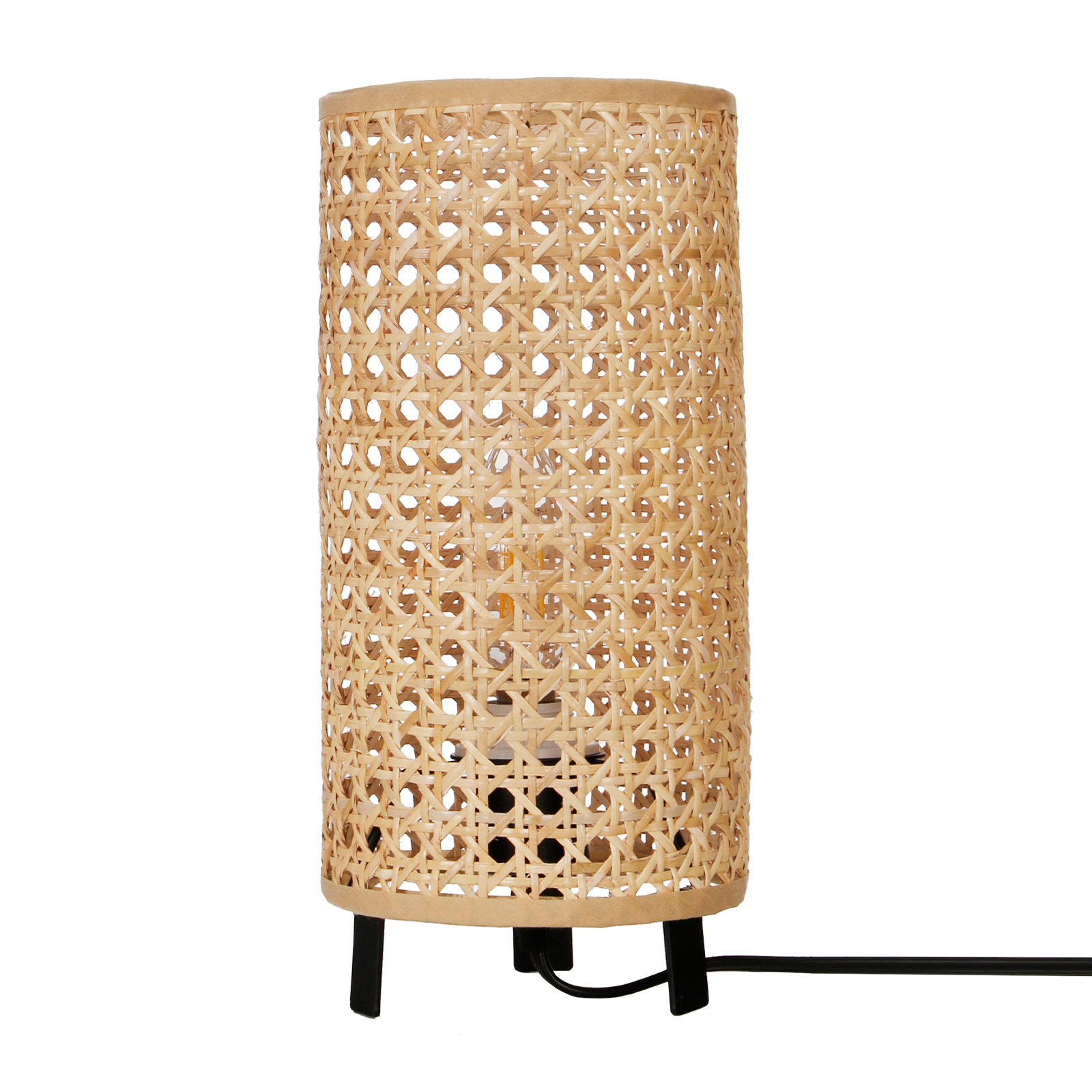 Woven Rattan Table Lamp with Black Metal Base for Bedroom and Living Room