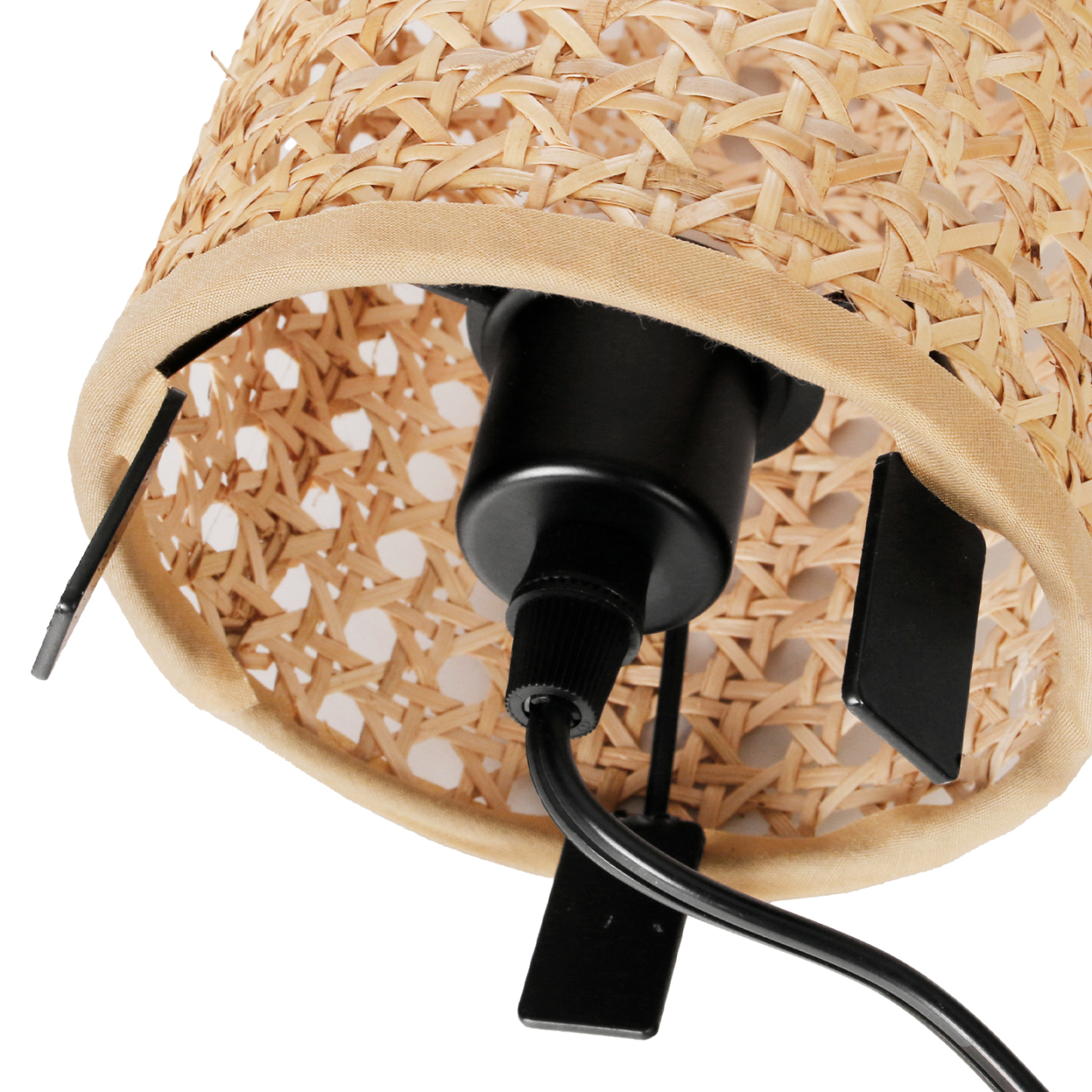 Woven Rattan Table Lamp with Black Metal Base for Bedroom and Living Room