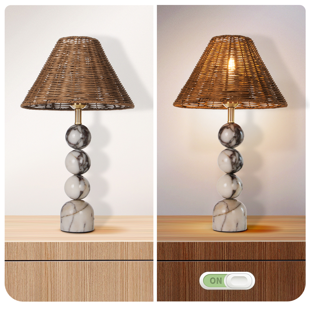 Organic Modern Rattan Table Lamp with Marble-Effect Base for Living Room