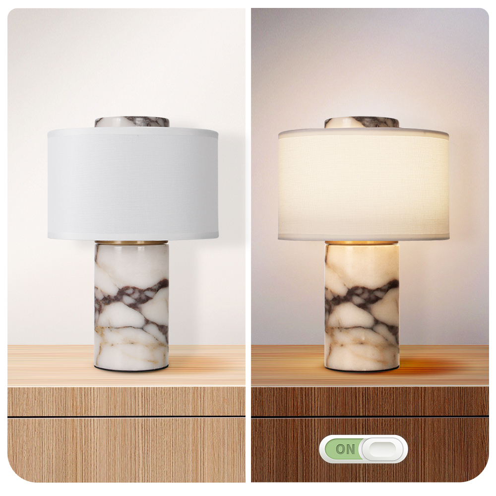 Modern Stone Base Table Lamp with White Fabric Shade for Bedroom