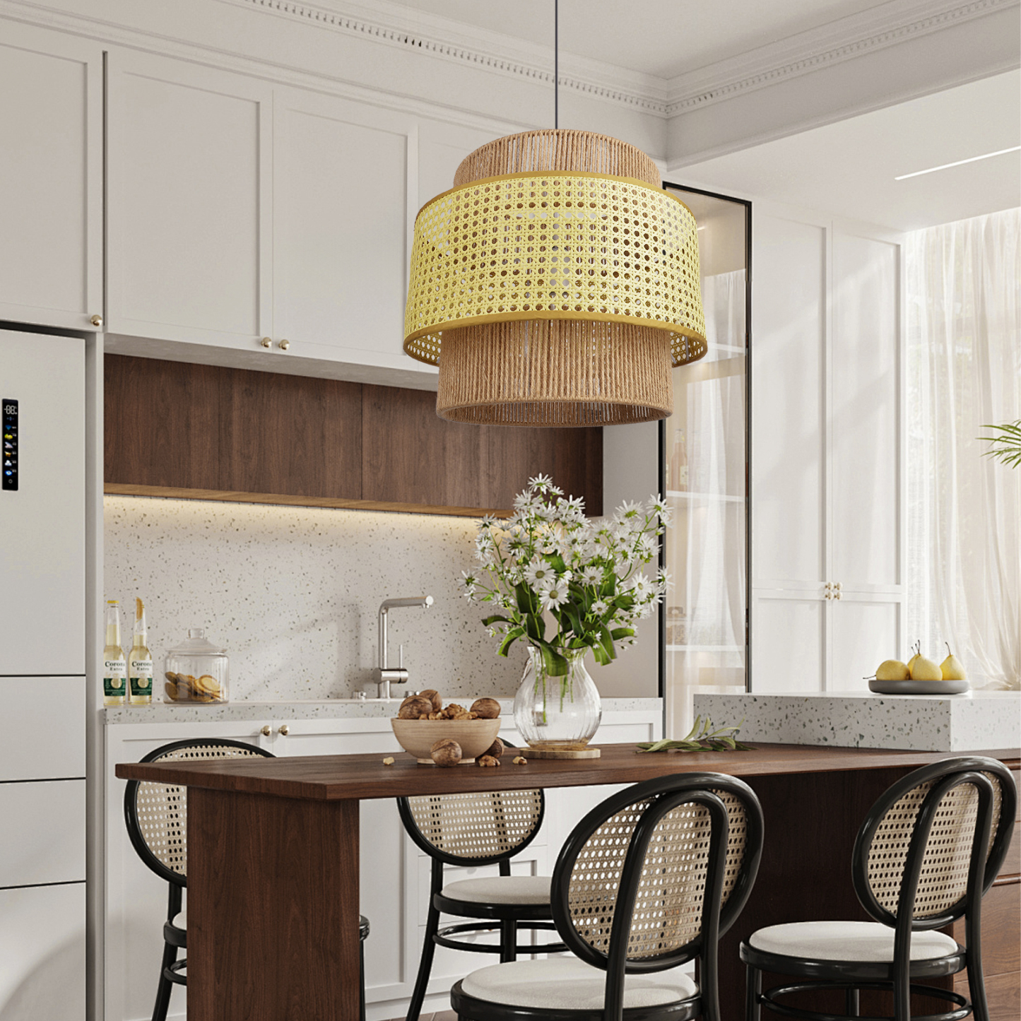 Japanese Wabi-sabi Style Rattan Double Layer Hemp Rope Pendant Light-labpiecesign