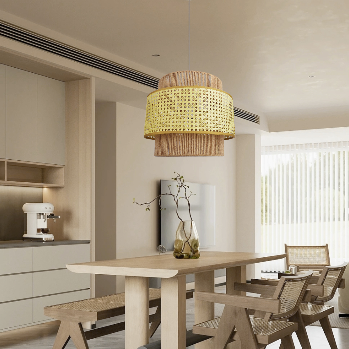 Japanese Wabi-sabi Style Rattan Double Layer Hemp Rope Pendant Light-labpiecesign