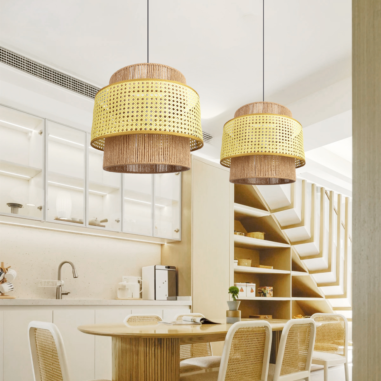 Japanese Wabi-sabi Style Rattan Double Layer Hemp Rope Pendant Light-labpiecesign