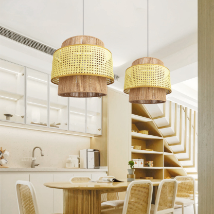 Japanese Wabi-sabi Style Rattan Double Layer Hemp Rope Pendant Light-labpiecesign