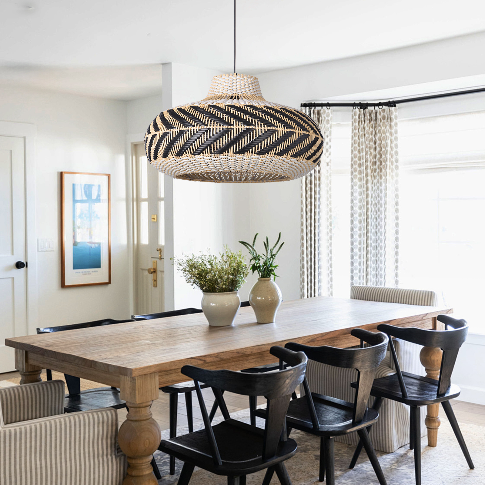 Wicker and Poly-rattan Saucer Shaped Arrow Pendant Lamp in White and Black-labpiecesign