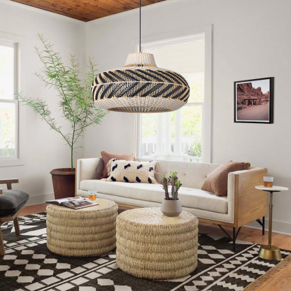 Wicker and Poly-rattan Saucer Shaped Arrow Pendant Lamp in White and Black-labpiecesign
