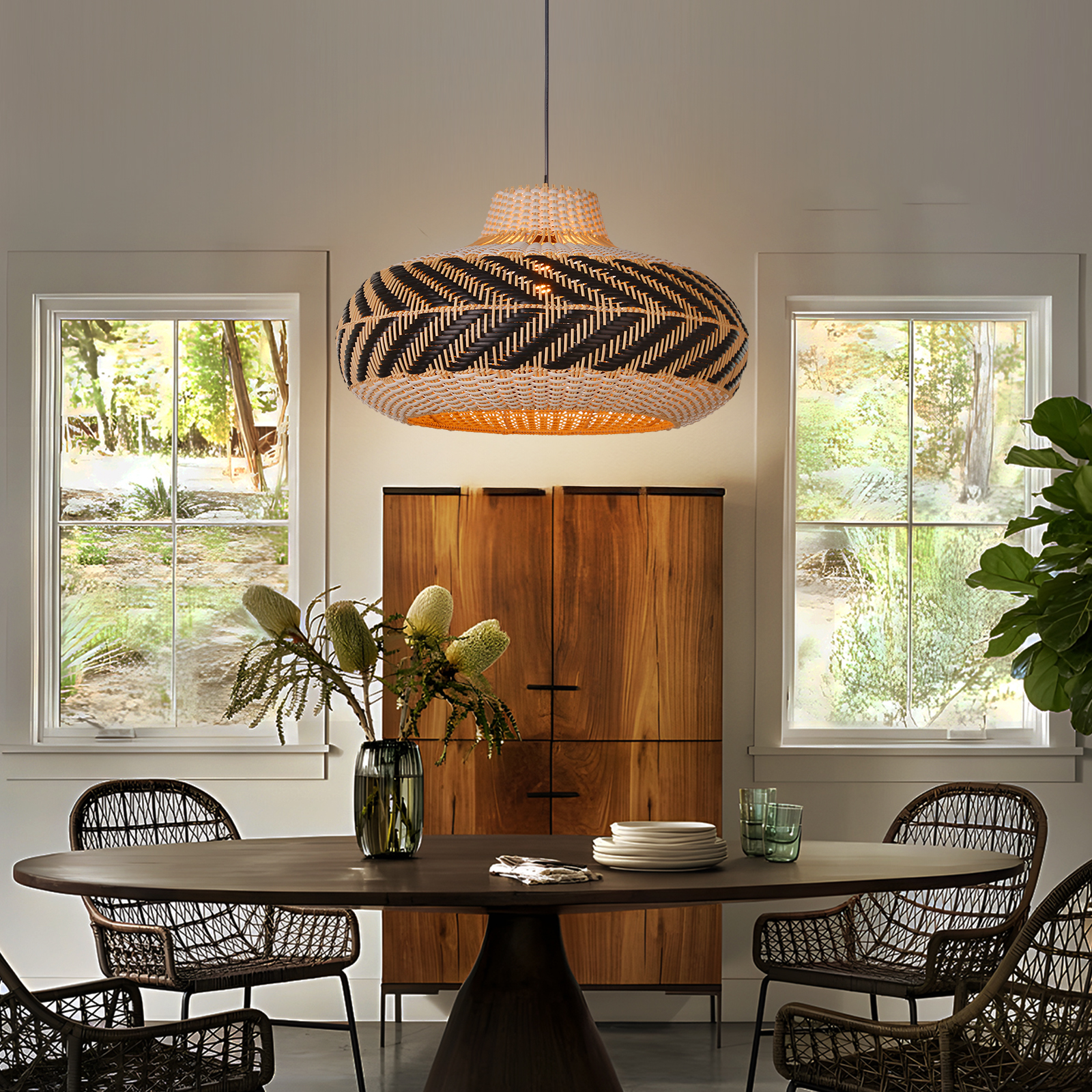 Wicker and Poly-rattan Saucer Shaped Arrow Pendant Lamp in White and Black-labpiecesign