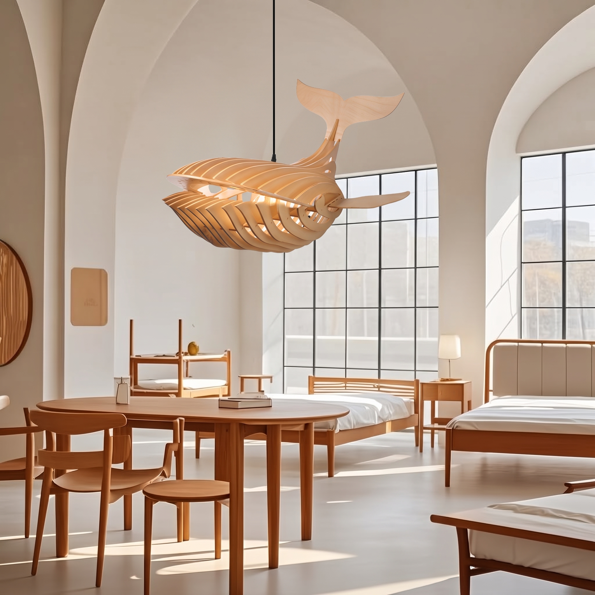 Modern Art Wooden Whale Ceiling Hanging Lamp for Nursery Living Room Dining Room Kids Room