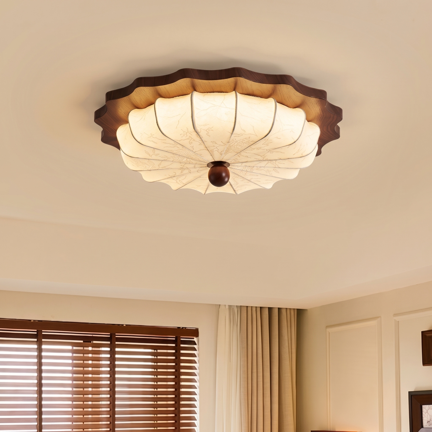 Vintage Wabi-Sabi Wooden Ceiling Light-Pleated Fabric Shade Flush Mount Fixture for Bedroom Living Room