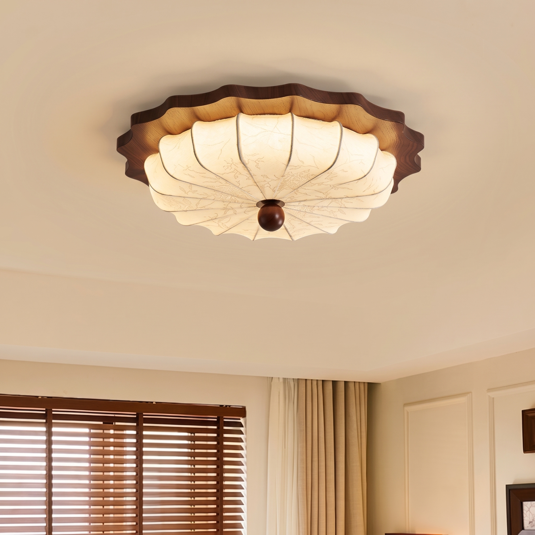 Vintage Wabi-Sabi Wooden Ceiling Light-Pleated Fabric Shade Flush Mount Fixture for Bedroom Living Room