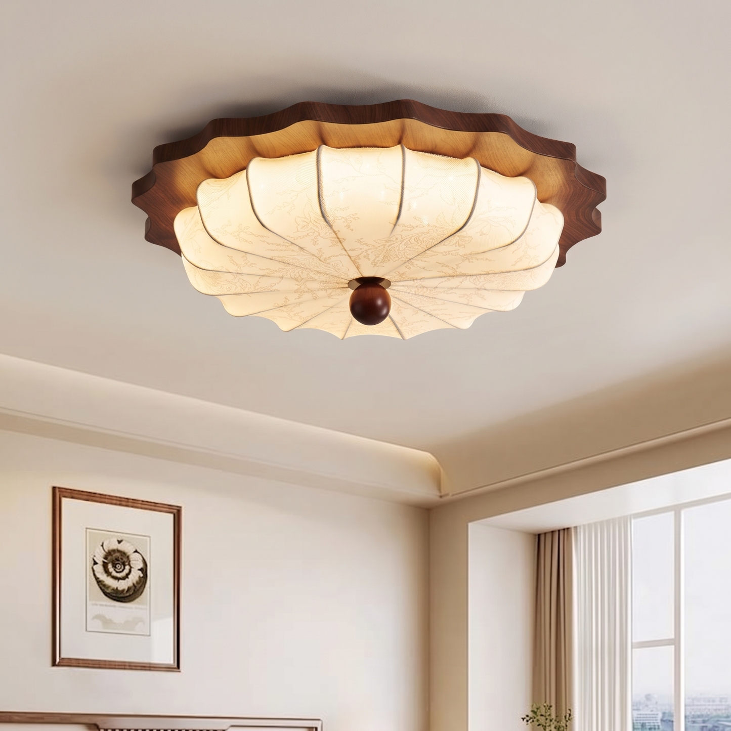 Vintage Wabi-Sabi Wooden Ceiling Light-Pleated Fabric Shade Flush Mount Fixture for Bedroom Living Room