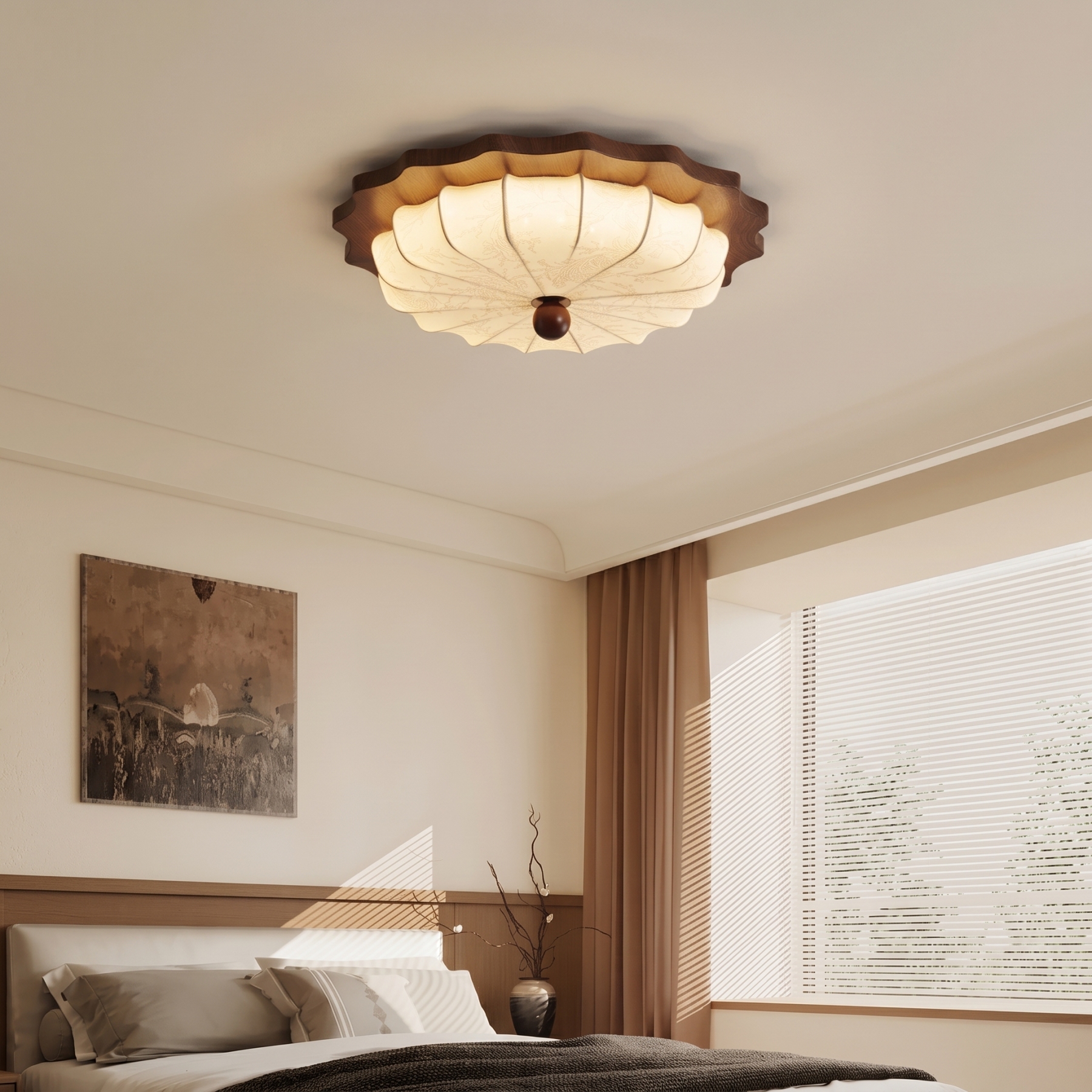 Vintage Wabi-Sabi Wooden Ceiling Light-Pleated Fabric Shade Flush Mount Fixture for Bedroom Living Room