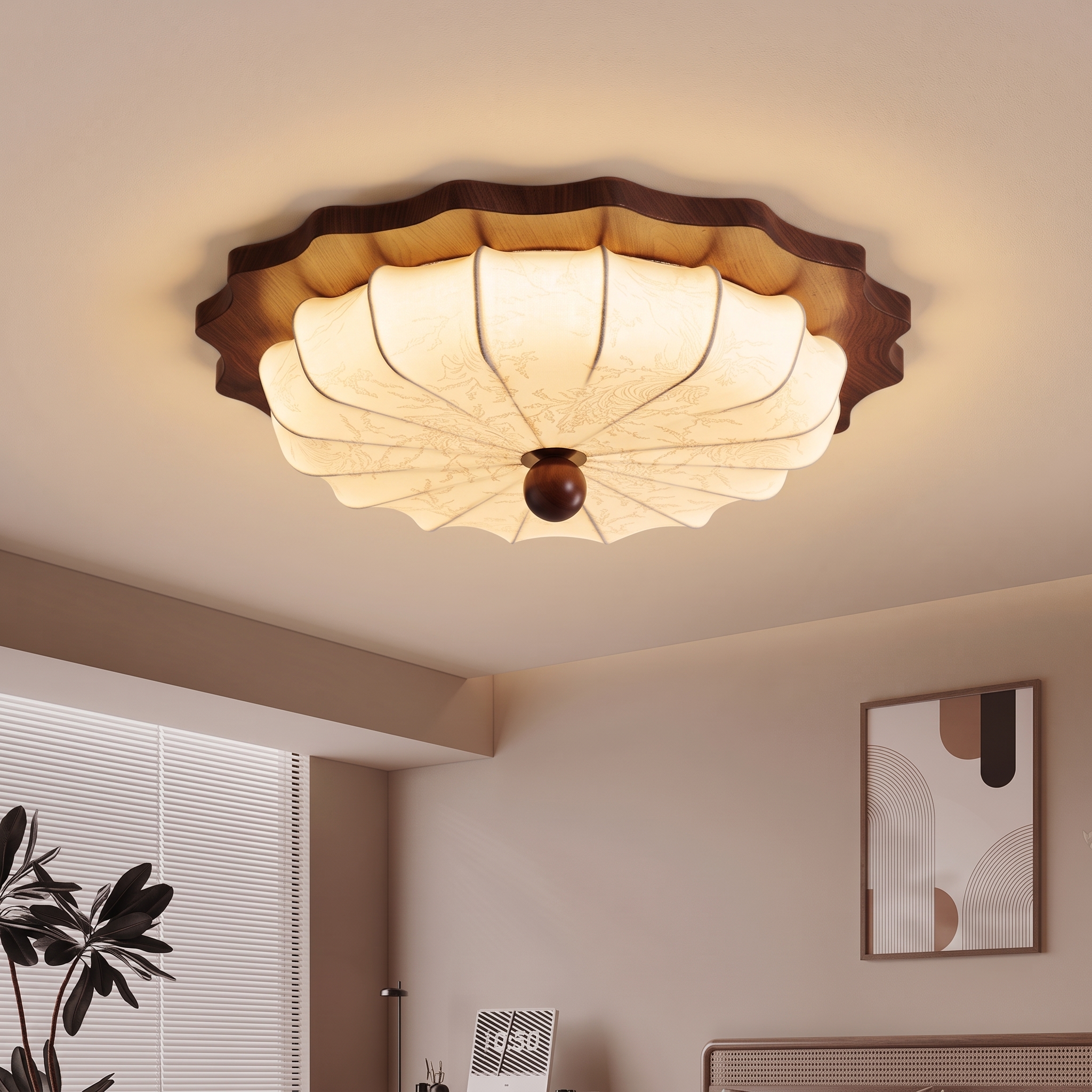Vintage Wabi-Sabi Wooden Ceiling Light-Pleated Fabric Shade Flush Mount Fixture for Bedroom Living Room