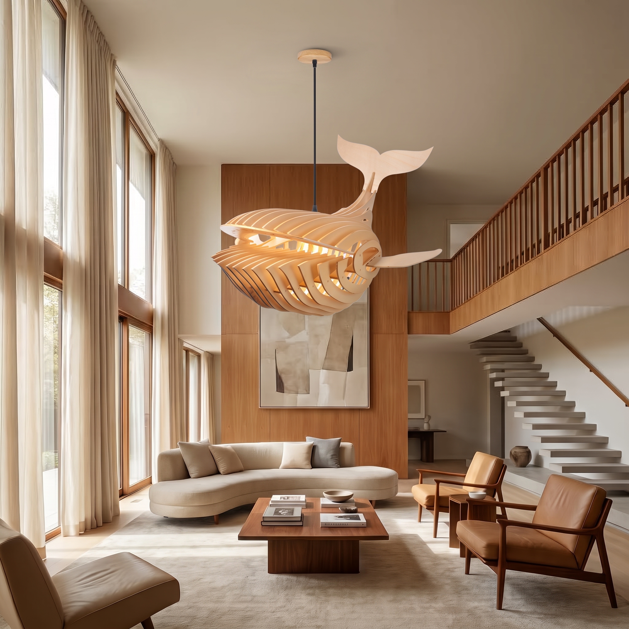 Creative Solid Wood Whale Fish Pendant Lamp-Modern Marine Art Ceiling Hanging Lamp for Nursery Living Room Dining Room & Kids Room