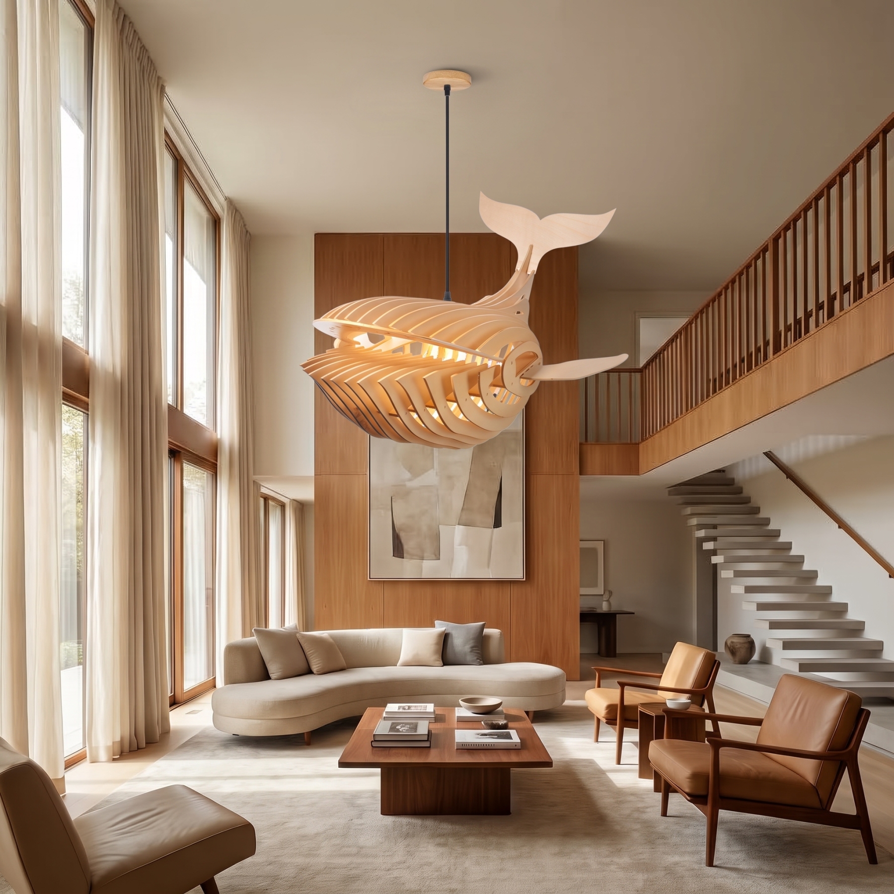 Creative Solid Wood Whale Fish Pendant Lamp-Modern Marine Art Ceiling Hanging Lamp for Nursery Living Room Dining Room & Kids Room