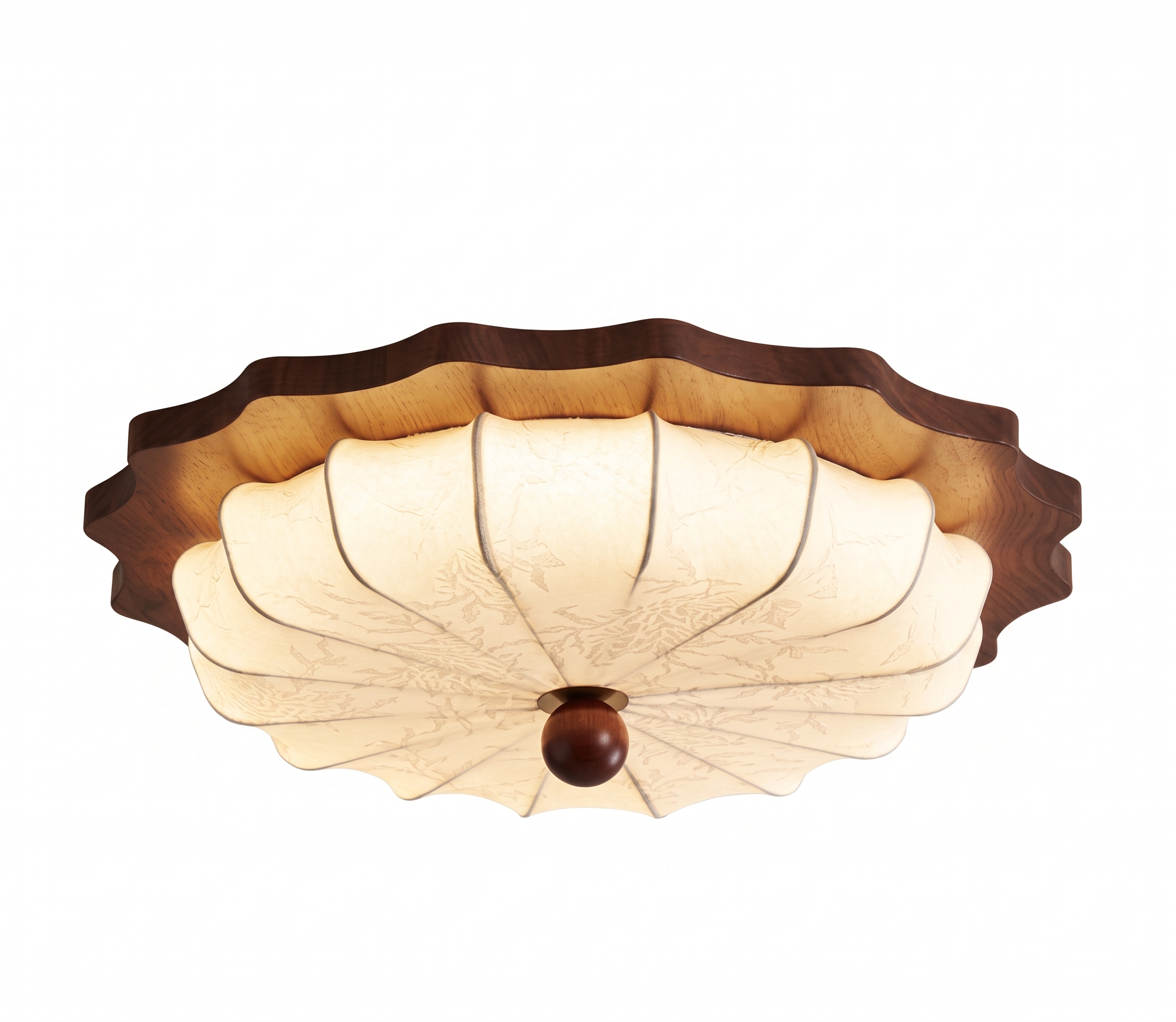 Vintage Wabi-Sabi Wooden Ceiling Light-Pleated Fabric Shade Flush Mount Fixture for Bedroom Living Room