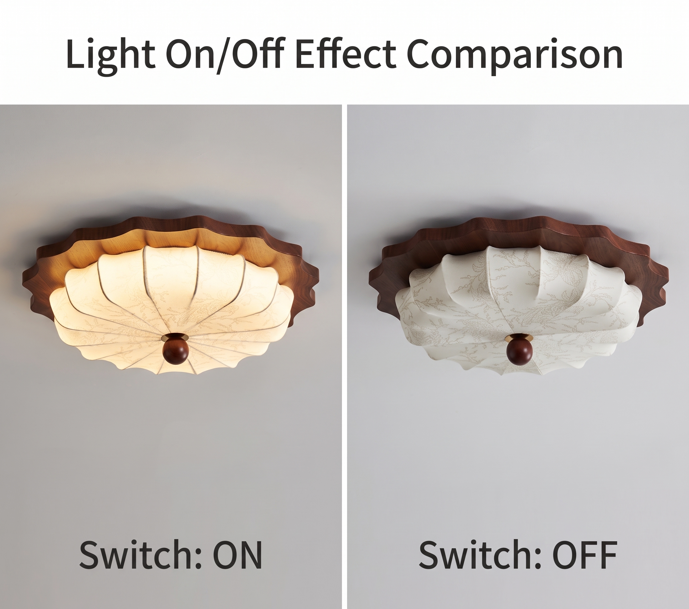 Vintage Wabi-Sabi Wooden Ceiling Light-Pleated Fabric Shade Flush Mount Fixture for Bedroom Living Room
