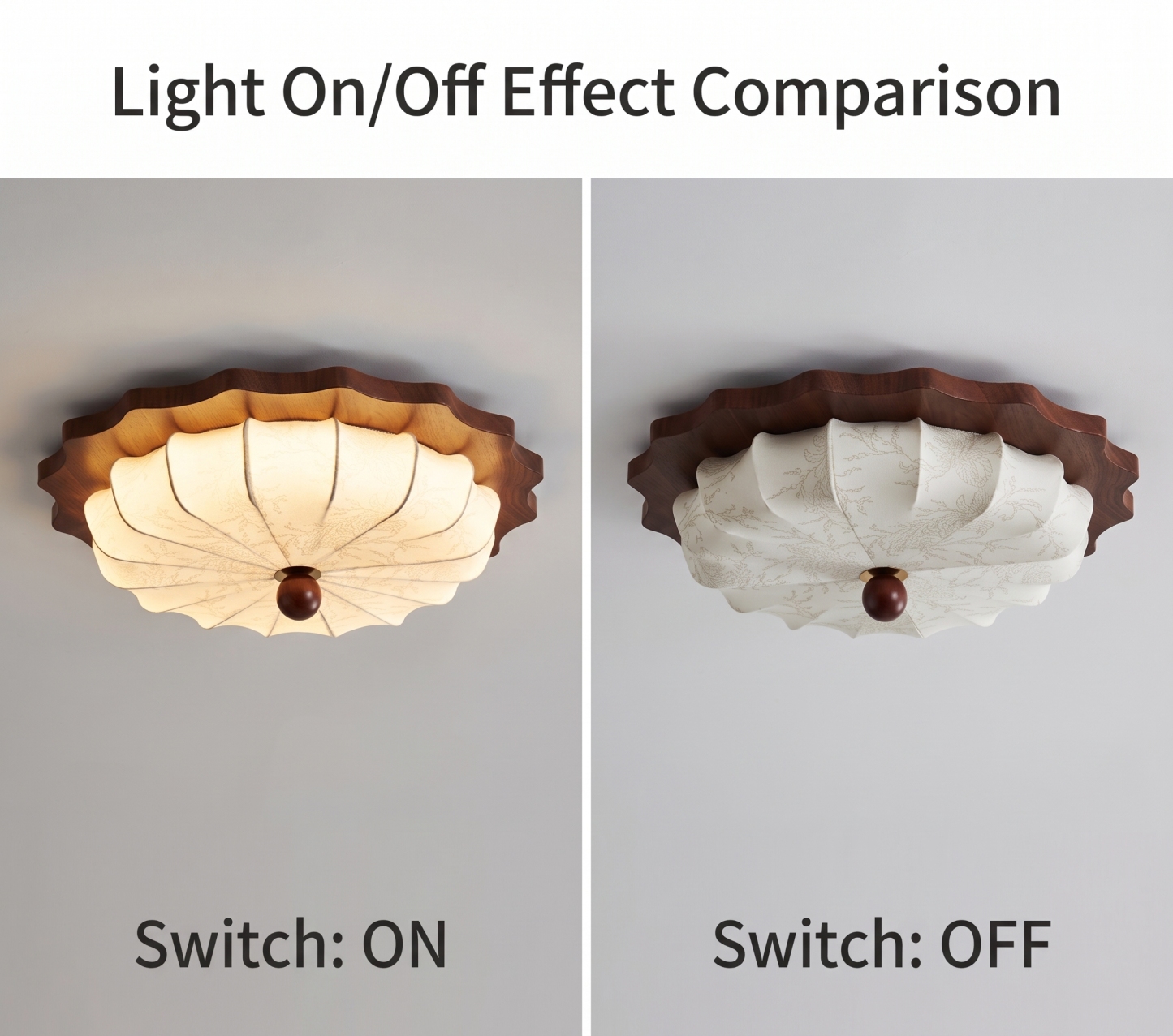 Vintage Wabi-Sabi Wooden Ceiling Light-Pleated Fabric Shade Flush Mount Fixture for Bedroom Living Room