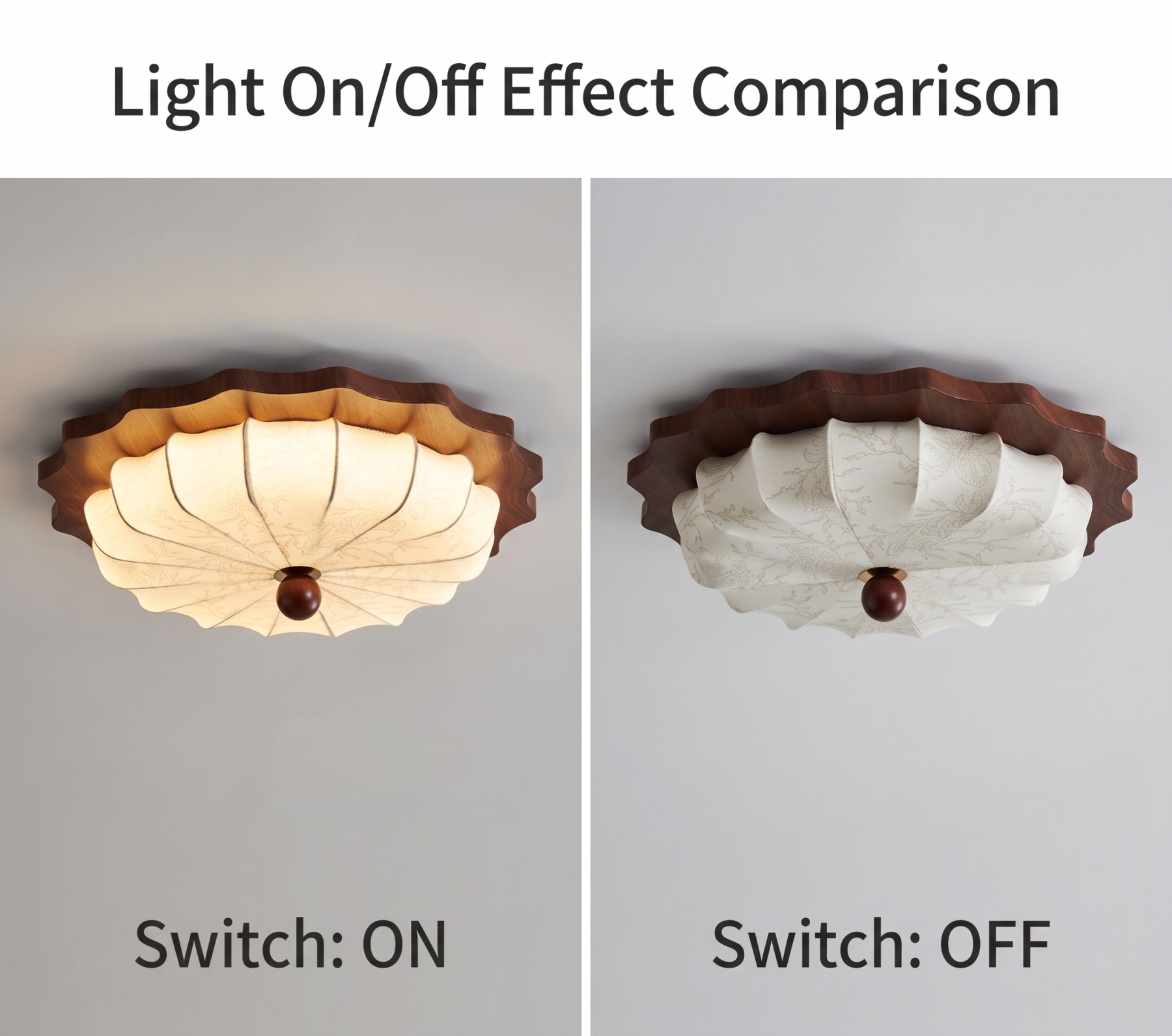 Vintage Wabi-Sabi Wooden Ceiling Light-Pleated Fabric Shade Flush Mount Fixture for Bedroom Living Room