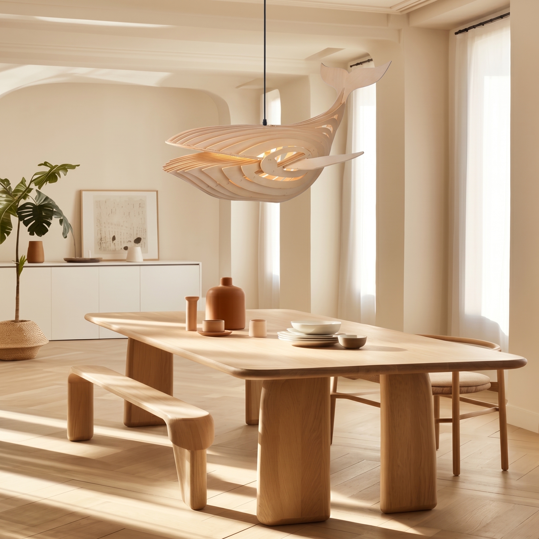 Creative Solid Wood Whale Fish Pendant Lamp-Modern Marine Art Ceiling Hanging Lamp for Nursery Living Room Dining Room & Kids Room